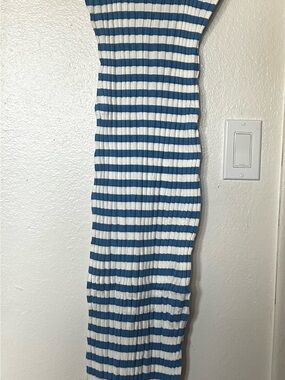 Blue and White Striped Midi Ribbed Skirt